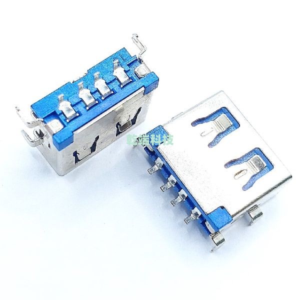 USB AF 沉板1.9 平口銅殼四腳插板 磷銅1U 端子貼片 LCP藍(lán)色膠芯